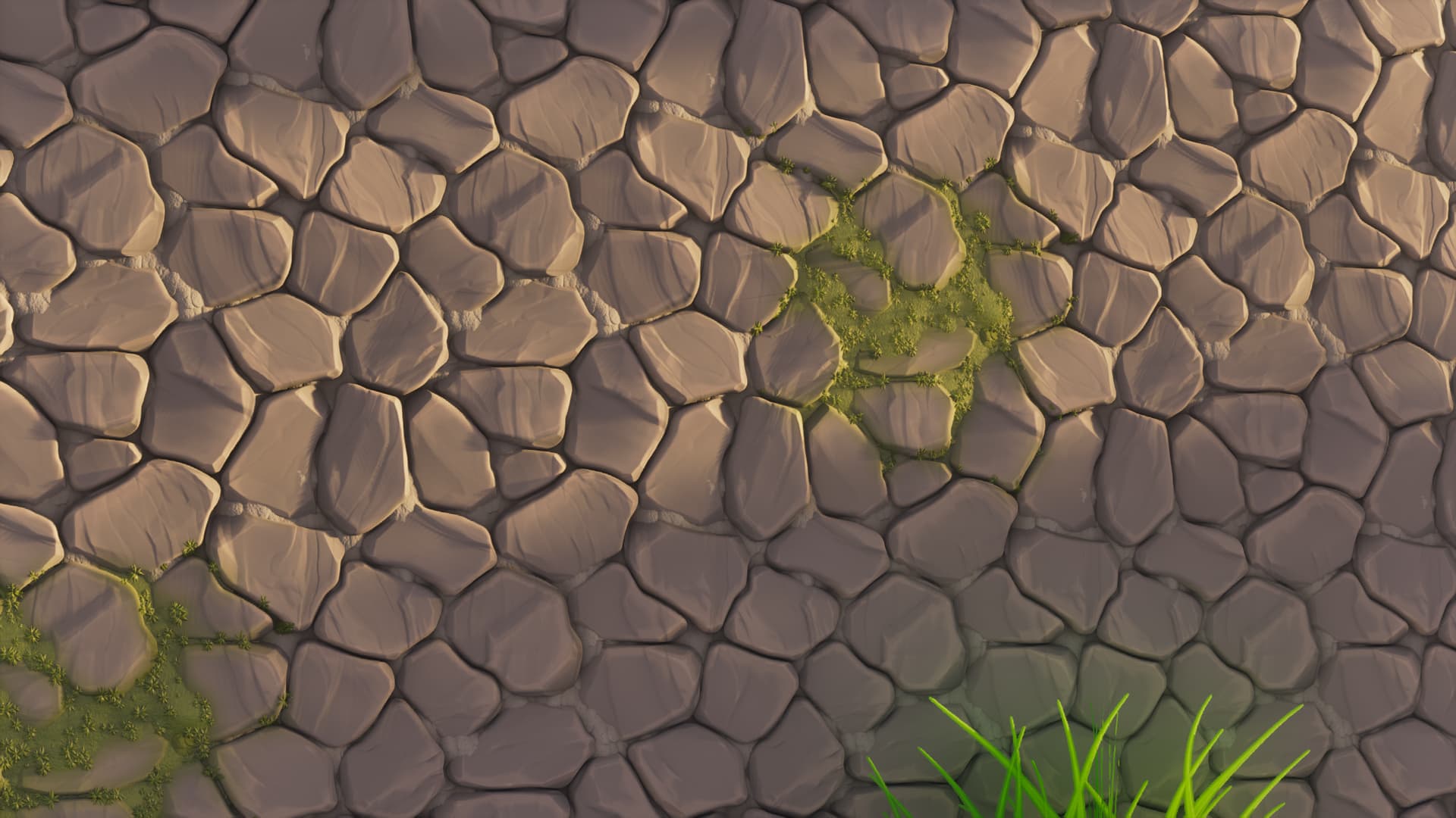 A cobblestone wall showcased using stylista, showing off the parallax occlusion mapping and smoothness of the textures.