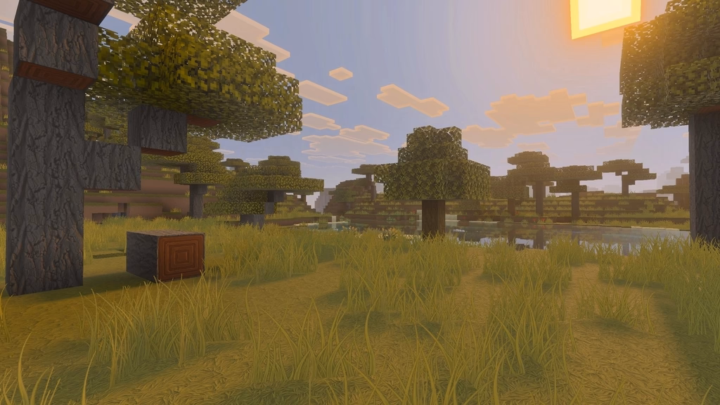 Overworld screenshot with Stylista resource pack release 2, showcasing that the outline issue on the grass textures has been fixed.